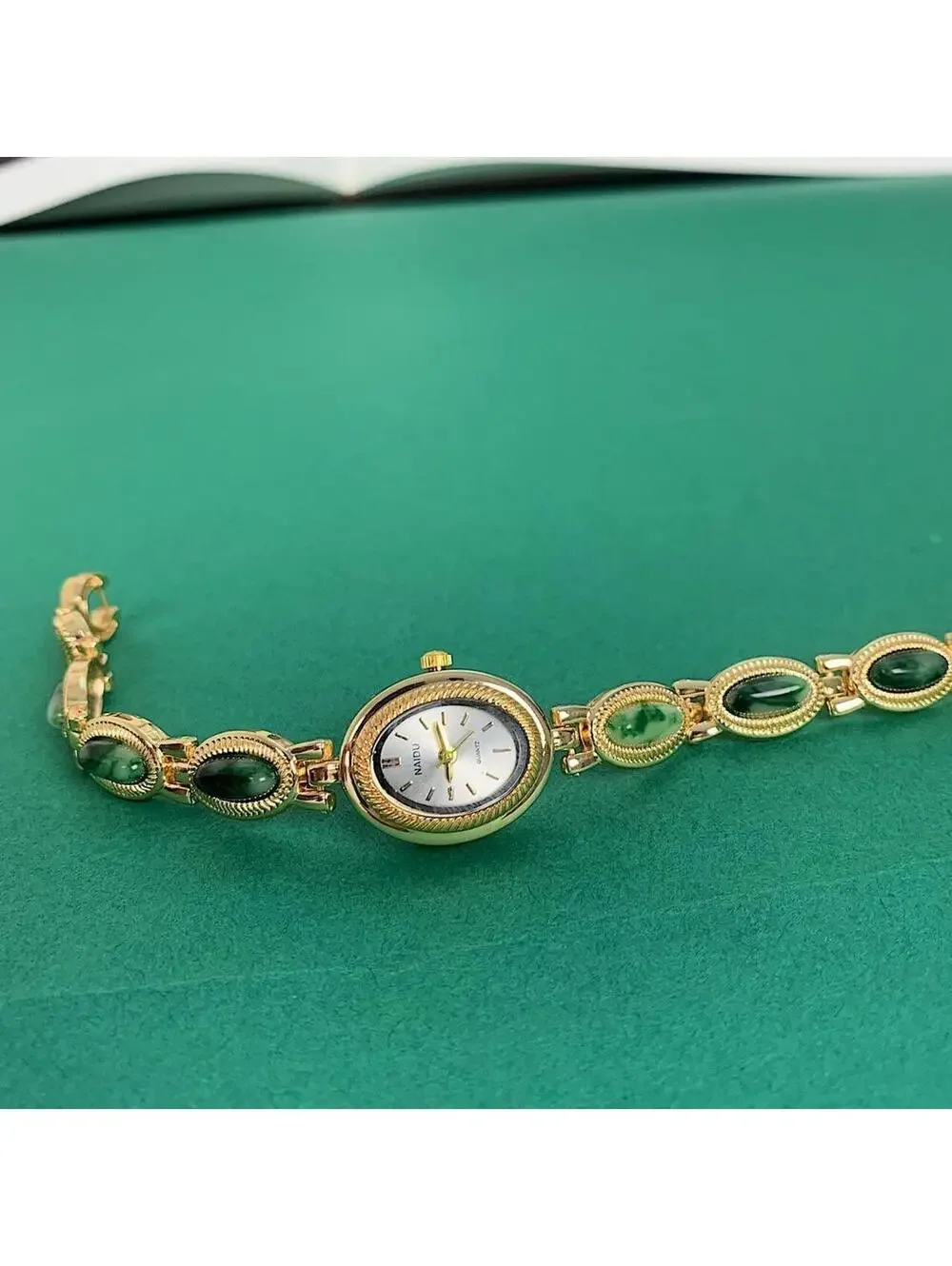 Y2k style Dainty cute Gold style tone quartz watch with green jade stone opal ac